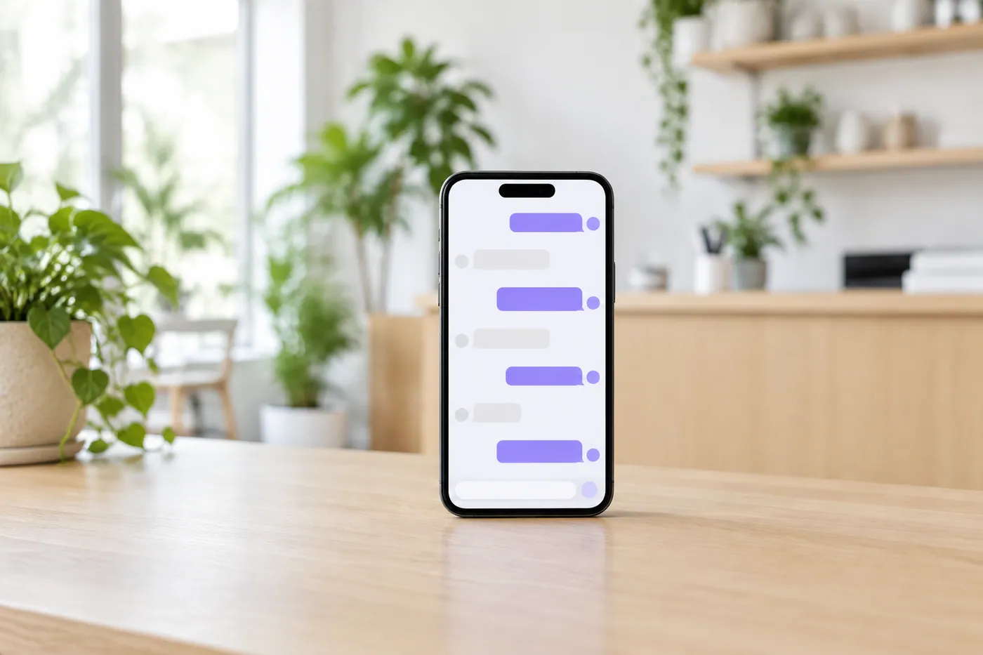 Celular sobre balcão de madeira exibindo uma conversa de atendimento