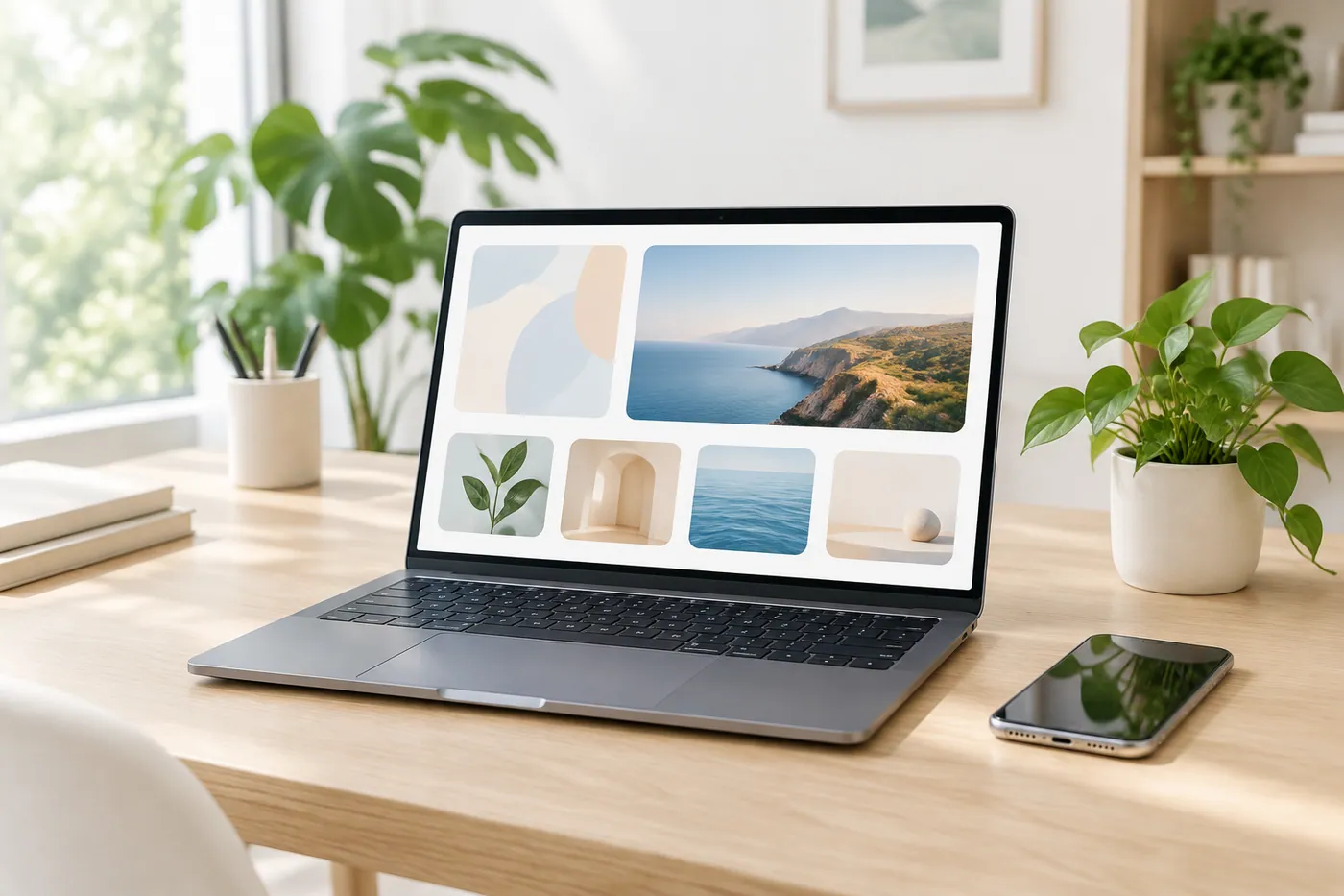 Notebook sobre mesa de madeira exibindo um site moderno