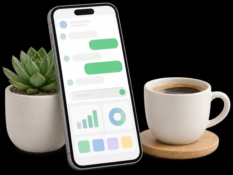 Celular com uma conversa de atendimento ao lado de uma planta