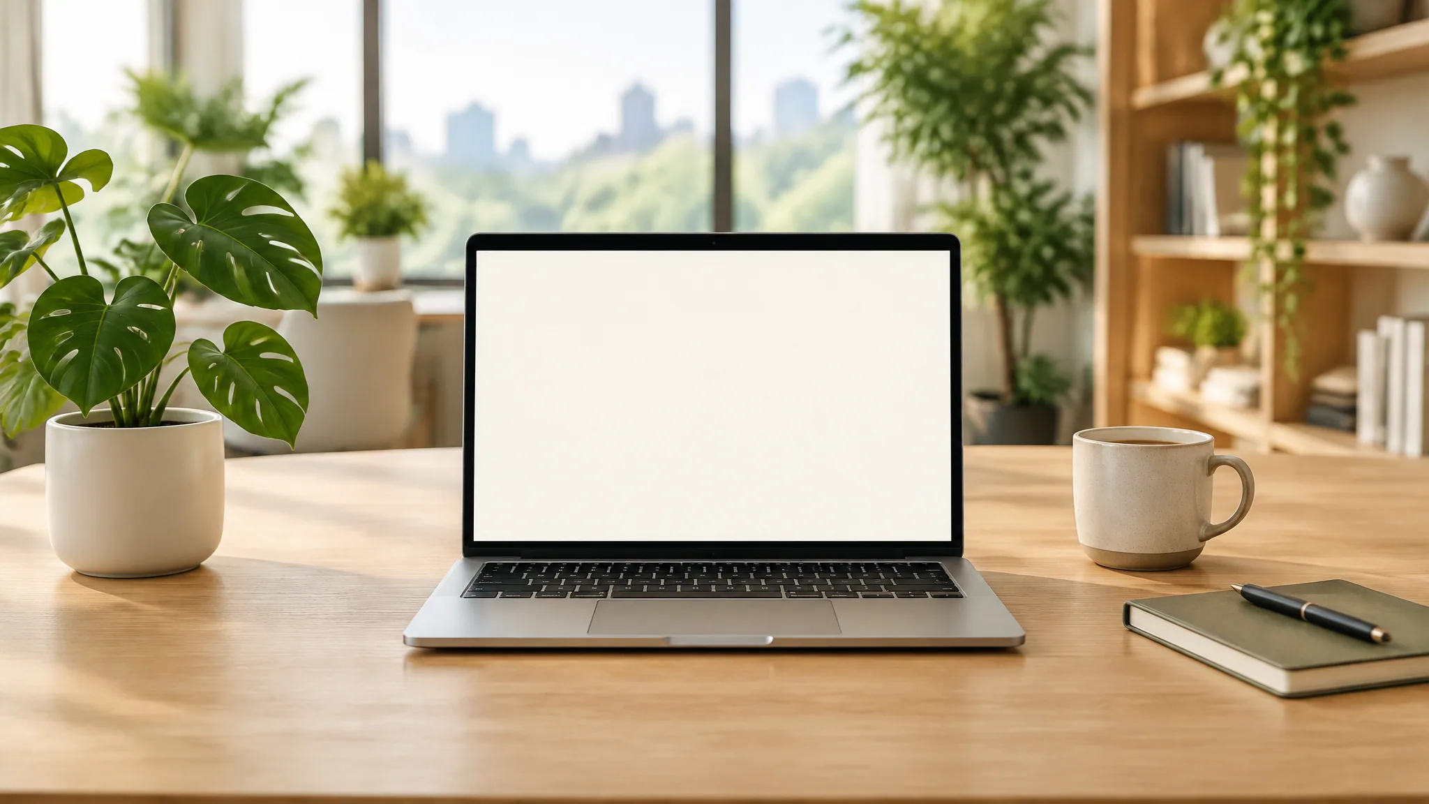 O mesmo notebook sobre a mesa de madeira, agora com o sistema funcionando na tela