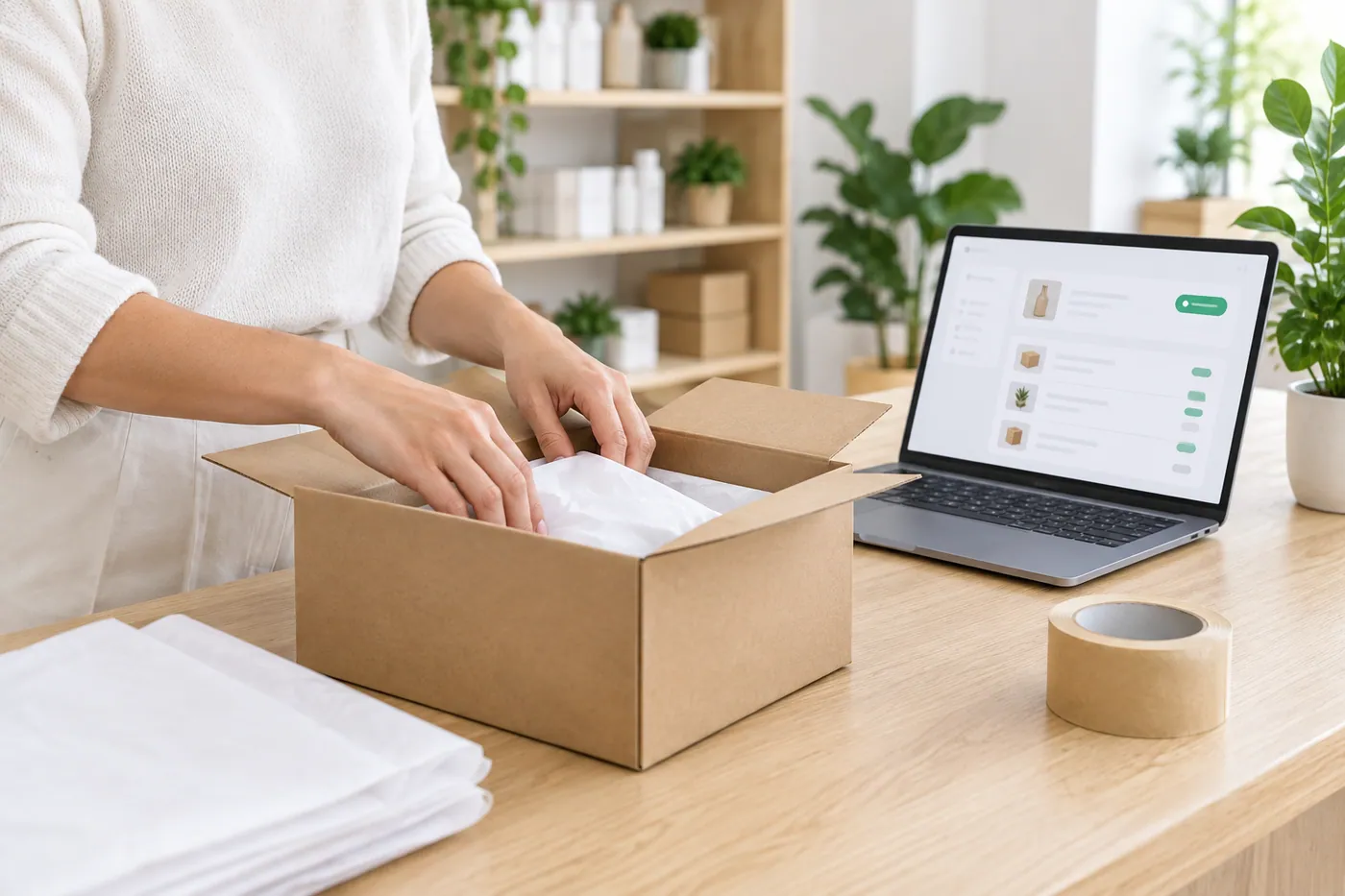Mãos embalando um pedido de loja virtual em uma caixa de papelão, com o painel de pedidos aberto no notebook