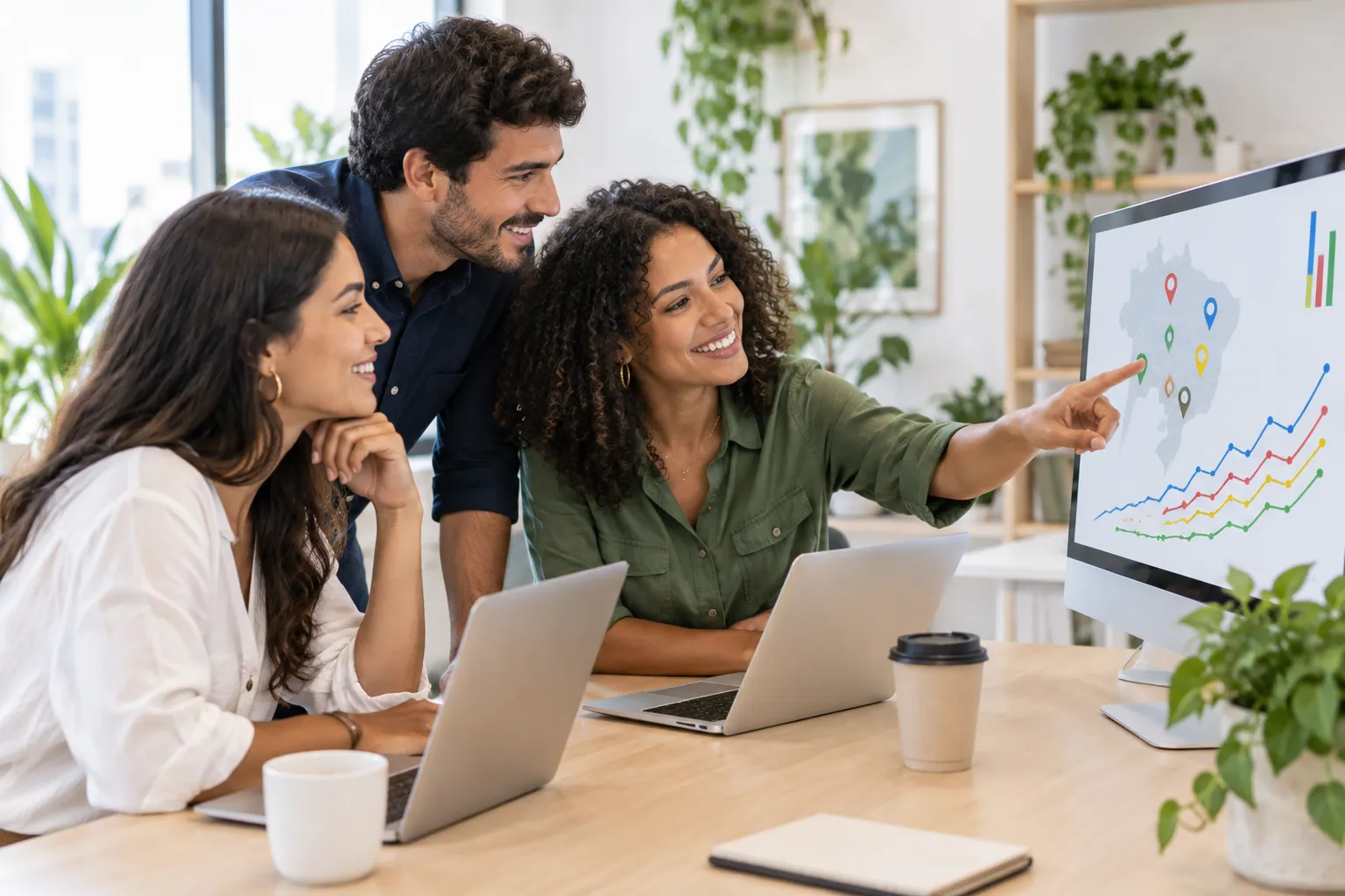Equipe olhando juntos o mapa e o gráfico de uma campanha no monitor