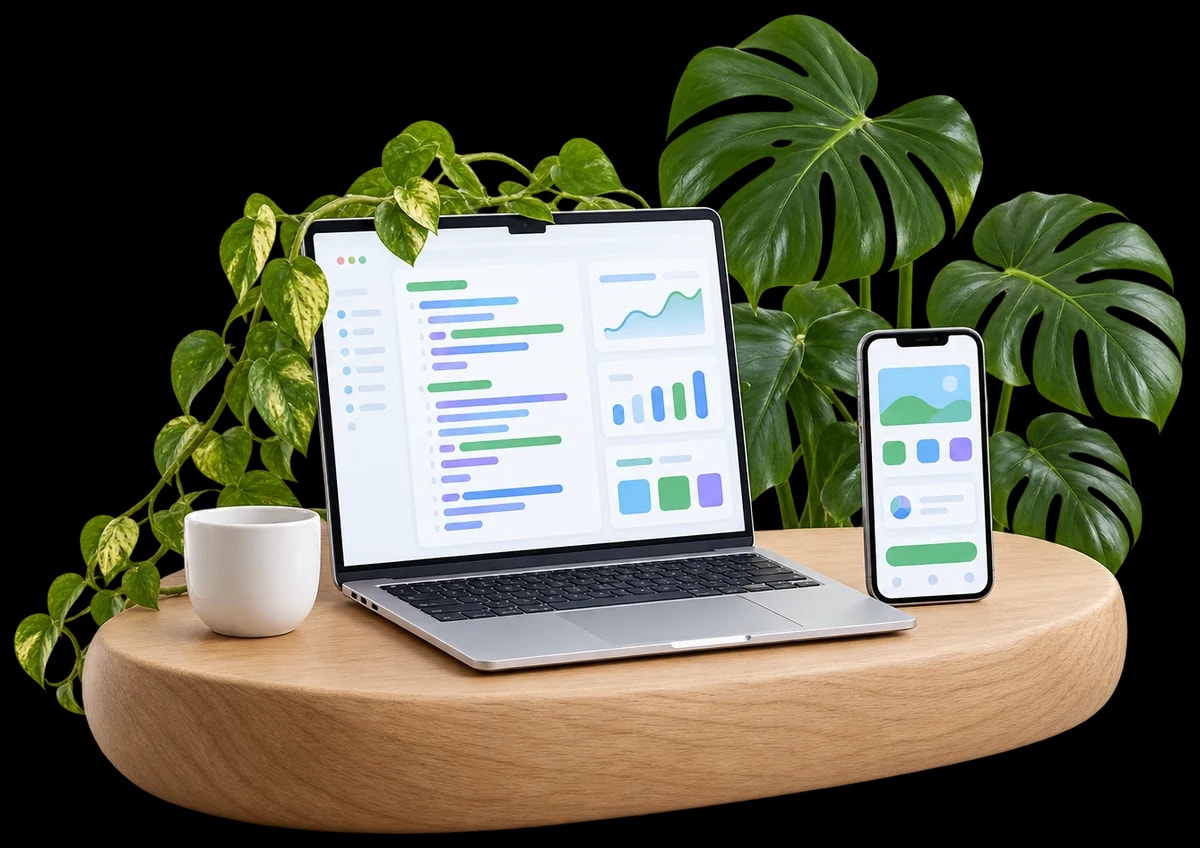 Notebook com código colorido e celular com aplicativo, com jiboia caindo por trás