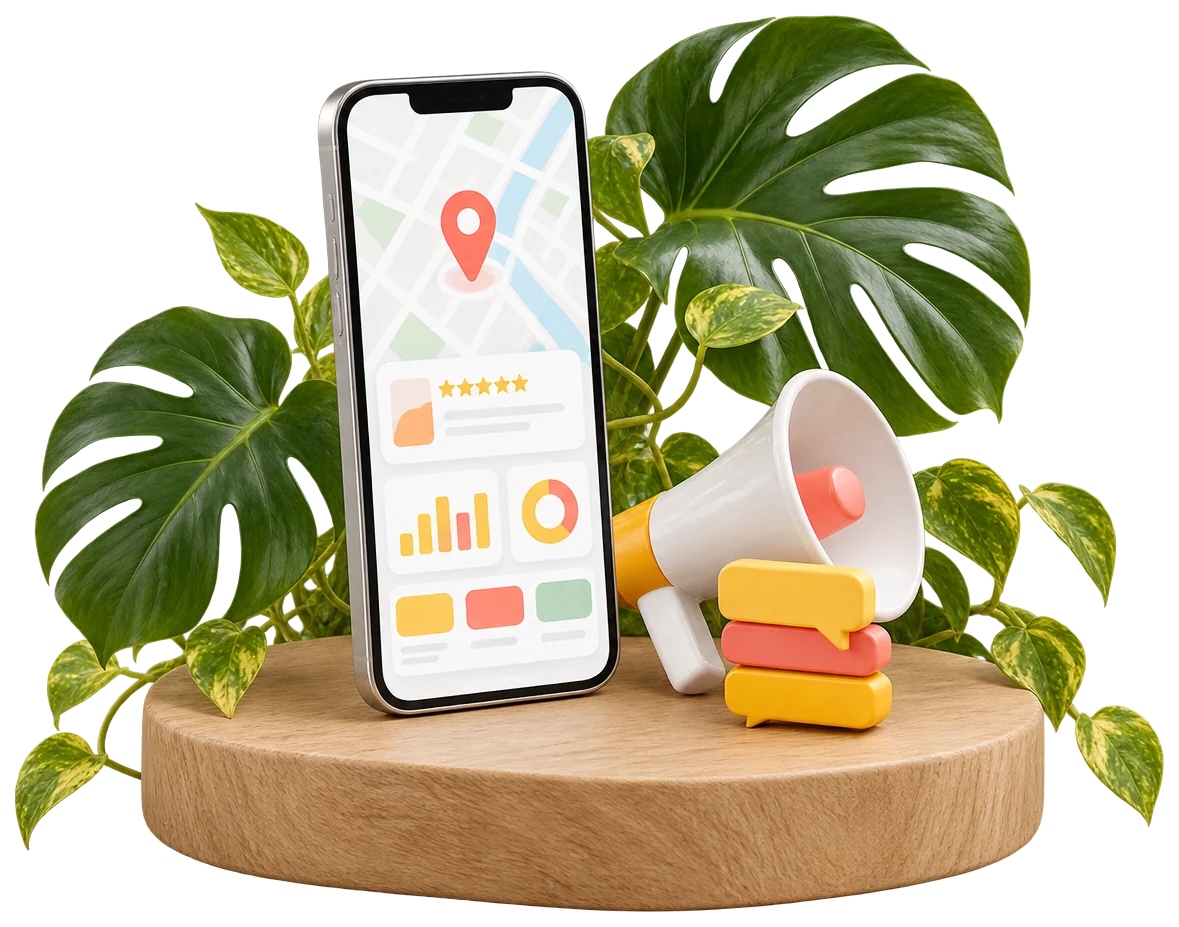 Celular com o mapa e o alfinete da empresa, megafone e balões de mensagem entre folhas de costela-de-adão