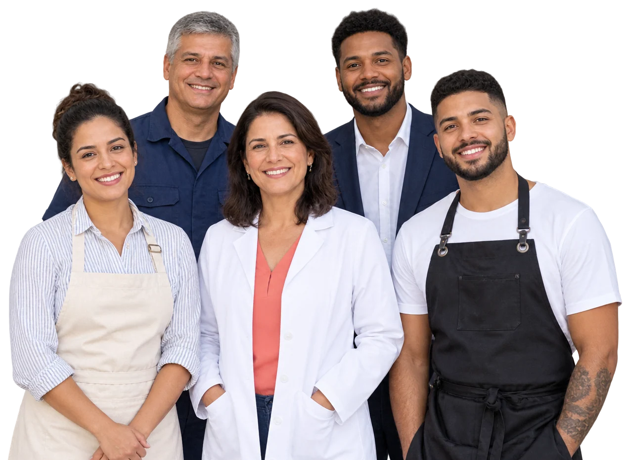 Donos de negócios diferentes sorrindo juntos: padaria, oficina, clínica, loja e barbearia