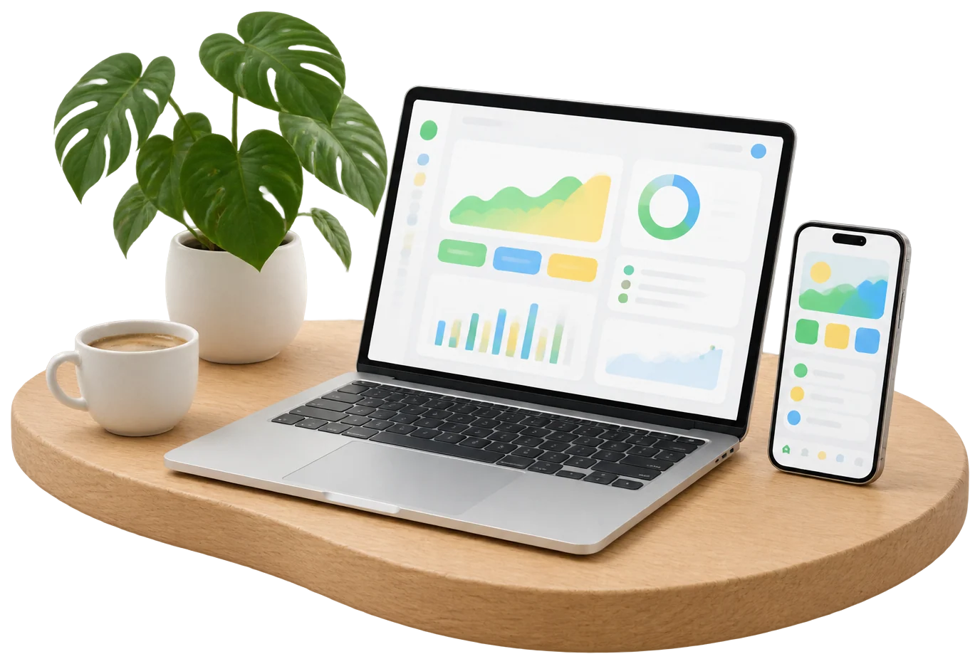 Notebook e celular sobre mesa de madeira exibindo um sistema de gestão
