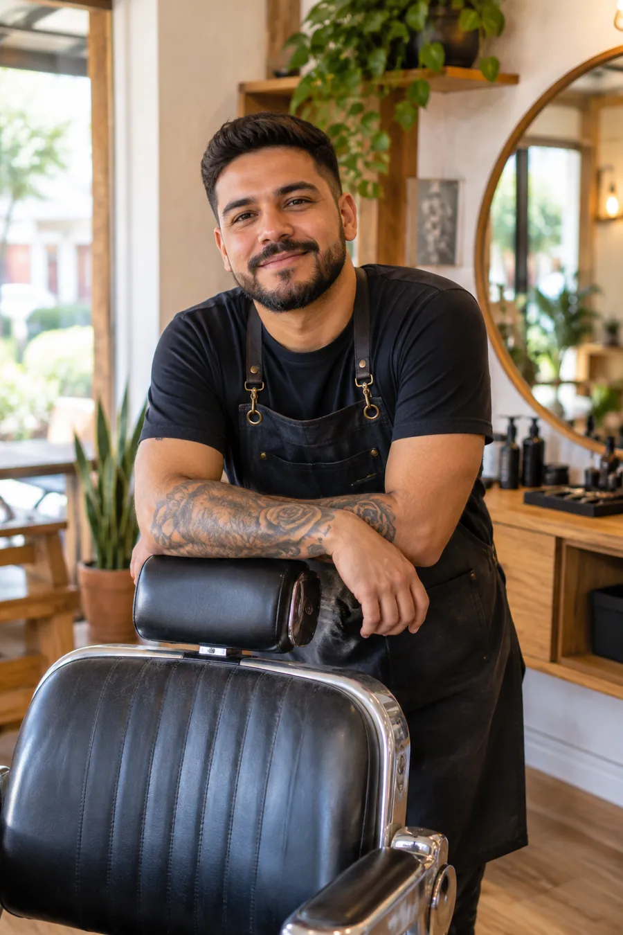 Barbeiro sorrindo, encostado na cadeira da barbearia