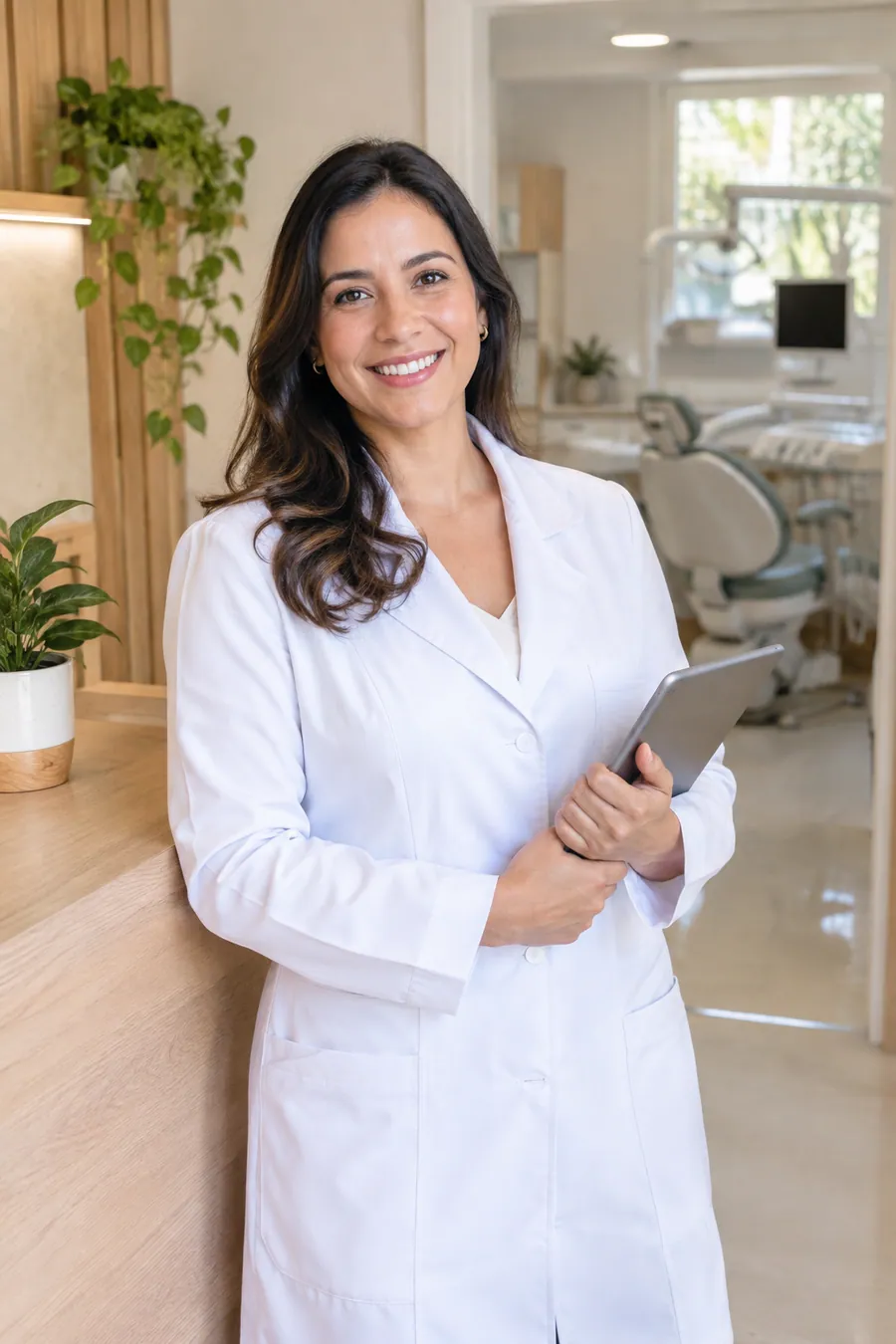 Dentista sorrindo na recepção do consultório, com um tablet na mão