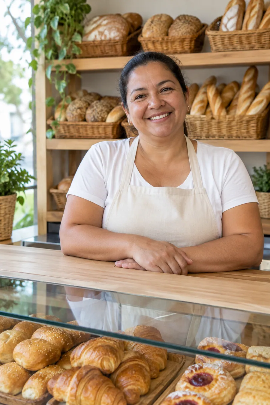 Dona de padaria sorrindo atrás do balcão de pães