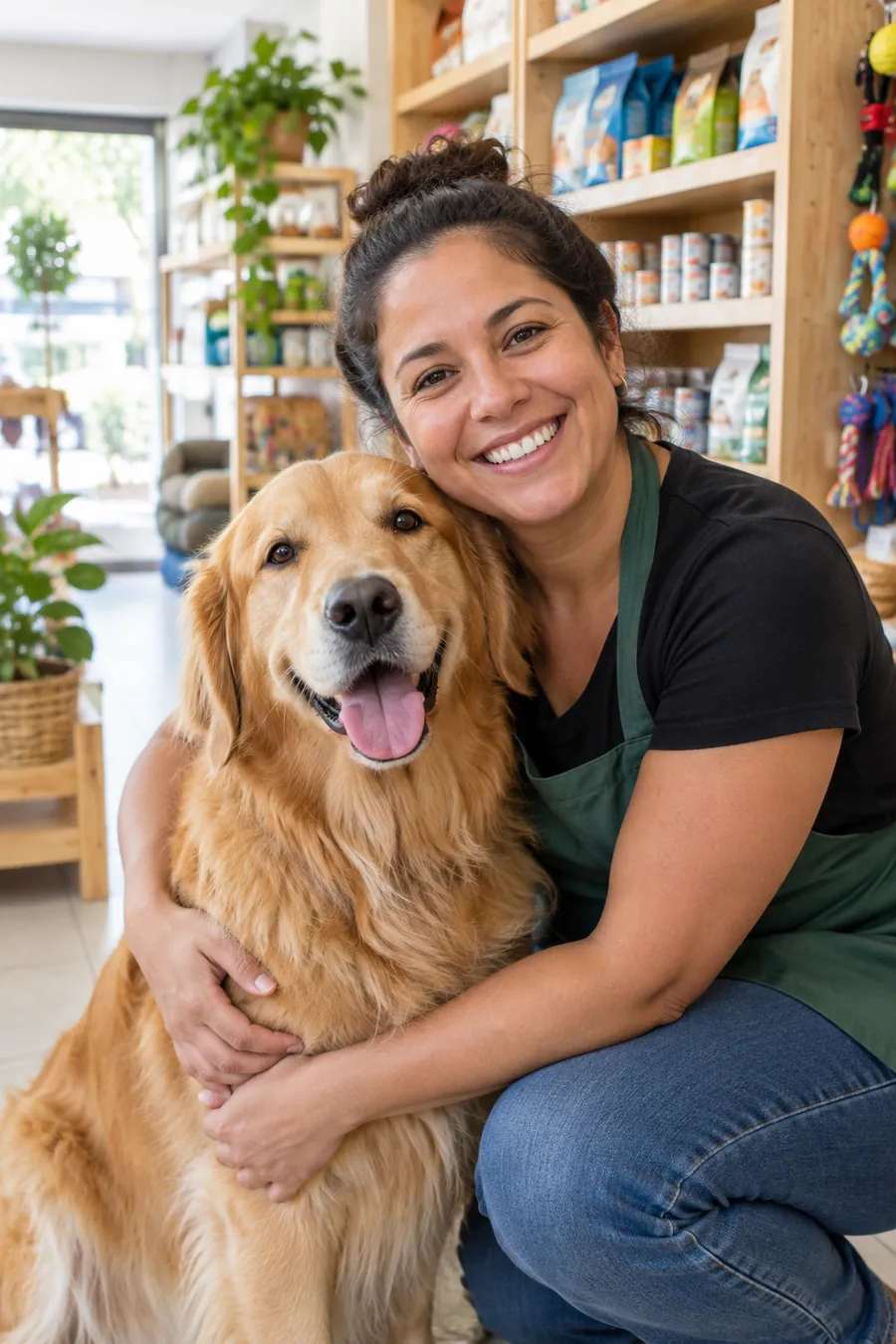 Dona de pet shop abraçando um cachorro golden retriever dentro da loja