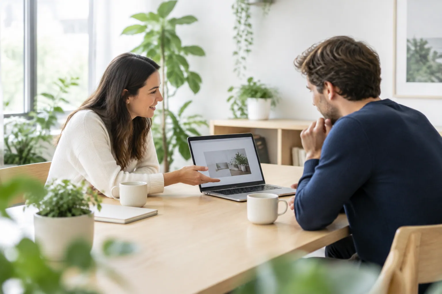 Conversa entre duas pessoas numa mesa de madeira com notebook
