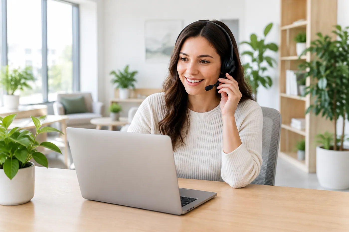 Atendente com fone de ouvido sorrindo em frente ao notebook