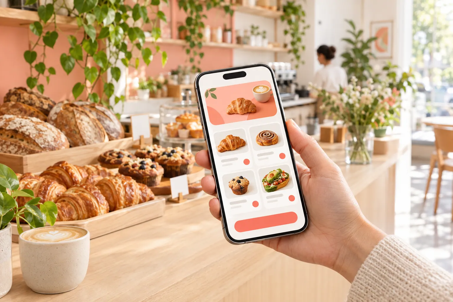 Mão segurando o celular com o aplicativo de pedidos de uma padaria, no balcão com pães e café