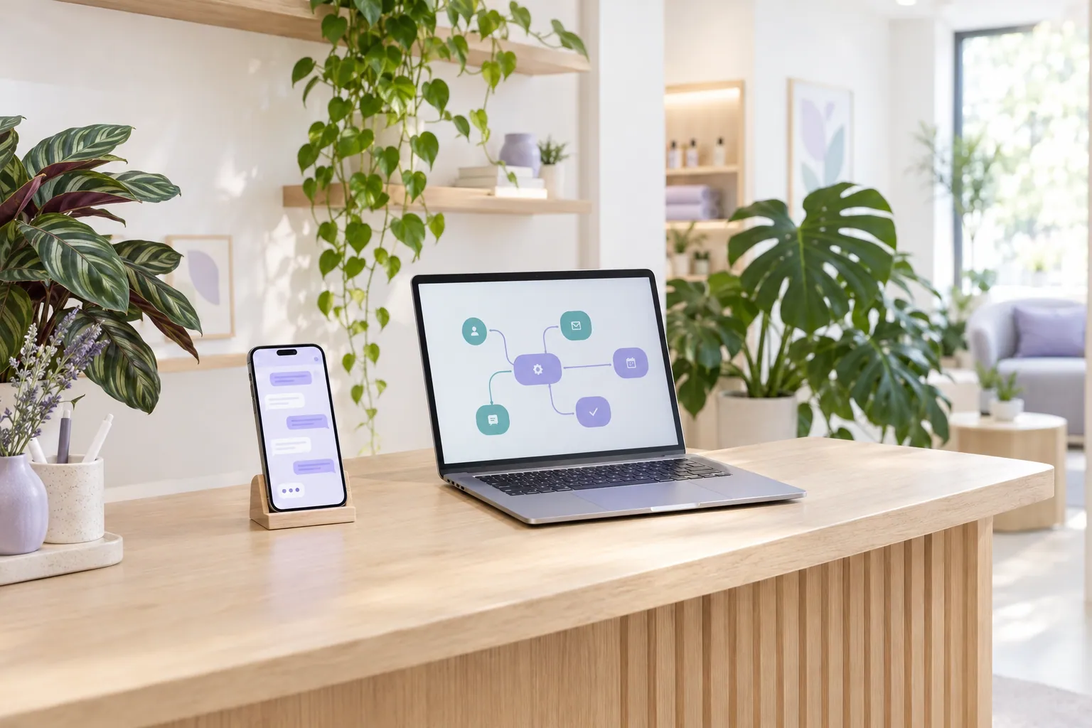 Recepção de uma clínica com o celular mostrando uma conversa e o notebook com o fluxo de uma automação