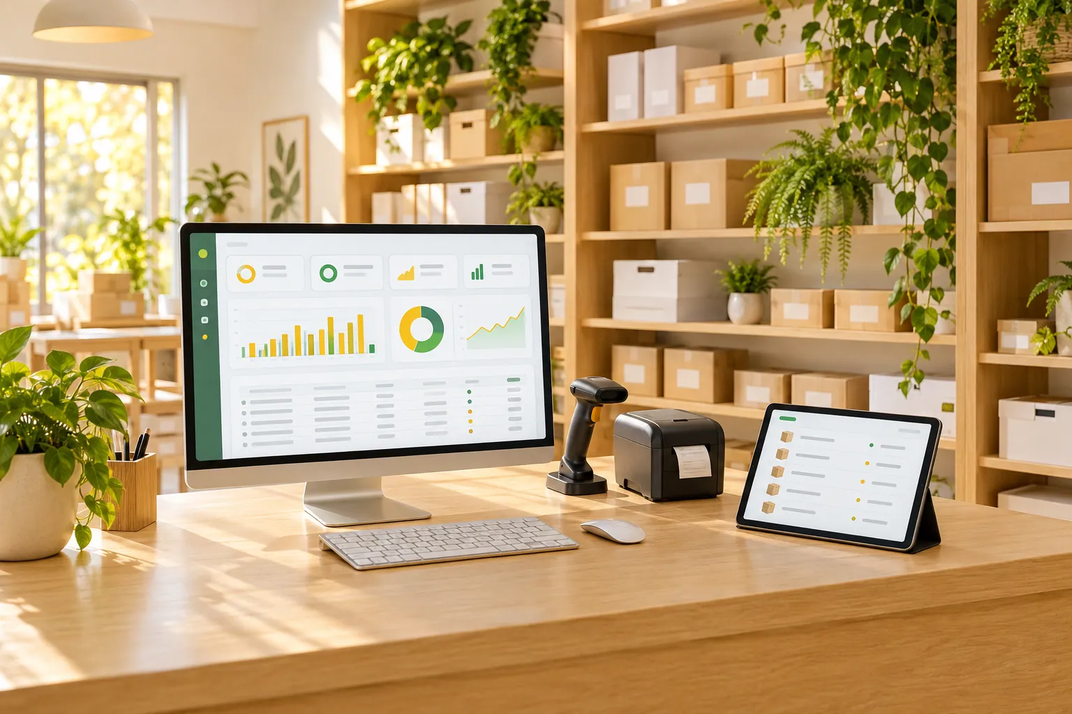Balcão de uma empresa com o sistema de gestão no monitor, leitor de código de barras e prateleiras organizadas