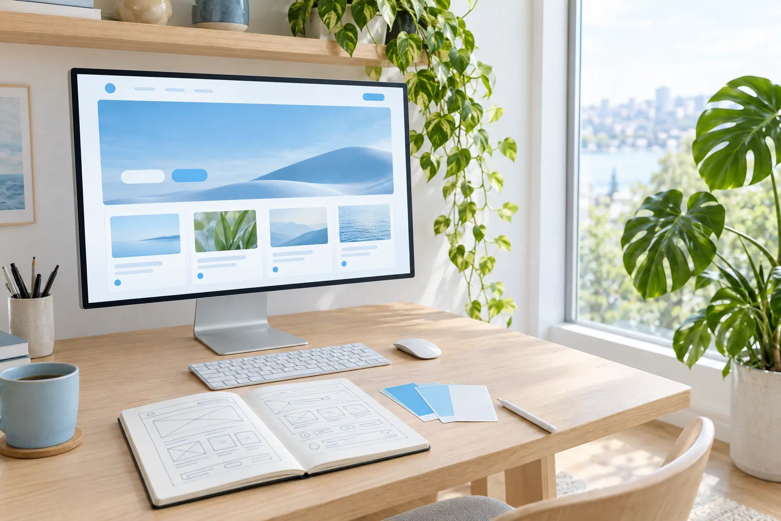 Estúdio de criação de sites: monitor com o layout de um site, caderno com rascunhos e plantas perto da janela