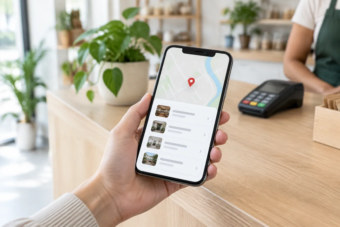 Celular mostrando uma busca com mapa e resultados, no balcão de uma loja