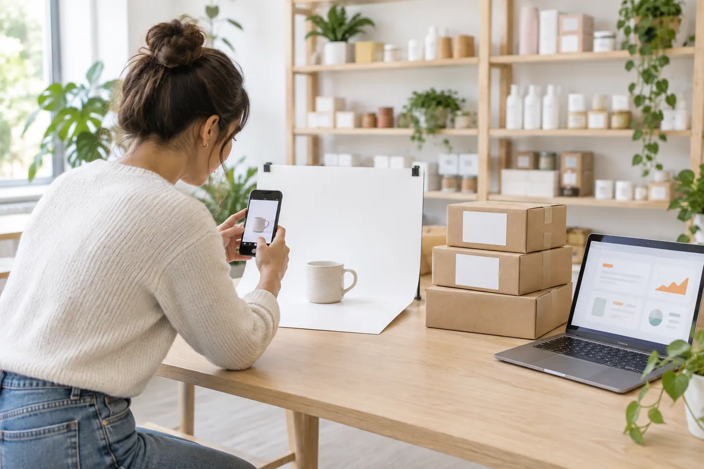 Dona de loja fotografando um produto com o celular para um anúncio, com caixas prontas para envio ao lado